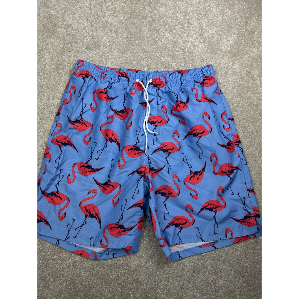 Old Navy Flamingo Print Swim Trunks Large Blue Tropical Board Shorts Beach Swim
